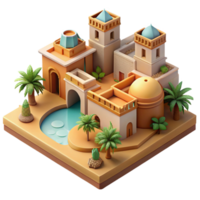 wonderful artistic Desert oasis city, built around a central spring, traditional adobe architecture, warm sunlight, peaceful and harmonious, Middle Eastern art style, genuine png