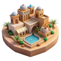 elegant abstract Desert oasis city, built around a central spring, traditional adobe architecture, warm sunlight, peaceful and harmonious, Middle Eastern art style, original png