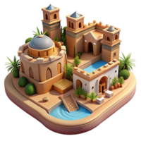 magnificent abstract Desert oasis city, built around a central spring, traditional adobe architecture, warm sunlight, peaceful and harmonious, Middle Eastern art style, high quality png