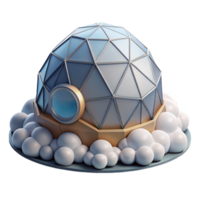 serene modern Floating geodesic dome home, surrounded by clouds, futuristic and minimalist, digital art style, high quality png