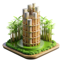 dramatic vintage Bamboo skyscraper, sustainable and innovative design, surrounded by lush greenery, architectural rendering style, premium png