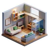 serene artistic Micro-apartment interior, minimalist design, maximizing space efficiency, architectural visualization style, 4K png