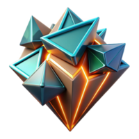 dramatic creative Fractured geometric shapes in vibrant, contrasting hues of teal and orange, with a neon glow outlining each shard. Cyberpunk style, high contrast lighting genuine png