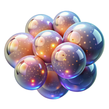 vibrant minimalist A cluster of floating, translucent bubbles, each containing a miniature universe, illuminated by a soft, celestial glow. Surreal, cosmic style, soft focus lighting authentic png