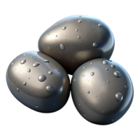 serene artistic Three smooth river stones nestled together, wet with glistening water droplets, bright midday sun, photorealistic style high quality png