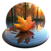 wonderful contemporary A fallen autumn leaf floating on a still pond, reflecting the surrounding trees, calm evening light, impressionistic style detailed png