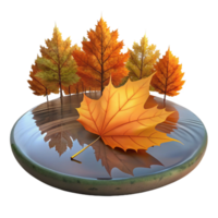 dramatic abstract A fallen autumn leaf floating on a still pond, reflecting the surrounding trees, calm evening light, impressionistic style authentic png