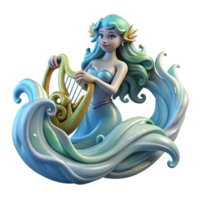 stunning rustic A beautiful siren luring sailors with an enchanting lyre, surrounded by swirling ocean currents, Art Deco style high quality png