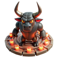 serene modern A fearsome Minotaur with glowing red eyes, trapped in a labyrinth of obsidian mirrors, lit by flickering torches, in a surrealist style premium png