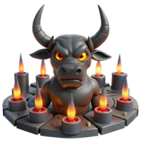 vibrant classic A fearsome Minotaur with glowing red eyes, trapped in a labyrinth of obsidian mirrors, lit by flickering torches, in a surrealist style premium png