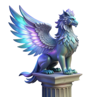 magnificent contemporary A majestic griffin with iridescent feathers, perched atop a crumbling marble pillar, lit by a single shaft of ethereal moonlight, in a hyperrealistic style detailed png