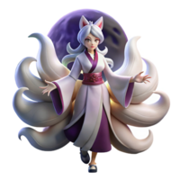 stunning minimalist A mischievous Japanese kitsune with nine flowing tails, transforming into a beautiful woman under a full moon, illuminated by soft moonlight, in an anime style premium png