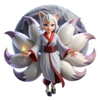 dramatic contemporary A mischievous Japanese kitsune with nine flowing tails, transforming into a beautiful woman under a full moon, illuminated by soft moonlight, in an anime style exclusive png