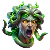 elegant creative A fierce Medusa, her snakes writhing and hissing, with scales of polished emerald, lit by crackling green lightning, in a Baroque painting style original png