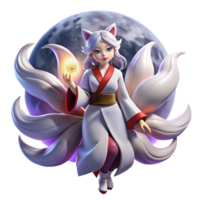 serene rustic A mischievous Japanese kitsune with nine flowing tails, transforming into a beautiful woman under a full moon, illuminated by soft moonlight, in an anime style authentic png