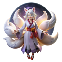 serene creative A mischievous Japanese kitsune with nine flowing tails, transforming into a beautiful woman under a full moon, illuminated by soft moonlight, in an anime style professional png