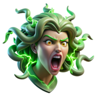 impressive contemporary A fierce Medusa, her snakes writhing and hissing, with scales of polished emerald, lit by crackling green lightning, in a Baroque painting style detailed png