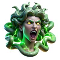 extraordinary artistic A fierce Medusa, her snakes writhing and hissing, with scales of polished emerald, lit by crackling green lightning, in a Baroque painting style professional png