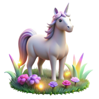 beautiful creative A benevolent unicorn, its horn glowing with a soft white light, grazing in a field of ethereal flowers, illuminated by rainbow-colored light, in a dreamlike art style 4K png