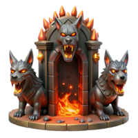 magnificent traditional A terrifying Cerberus, guarding the gates of the underworld, its three heads snarling, illuminated by fiery red light, in a dark fantasy art style 4K png