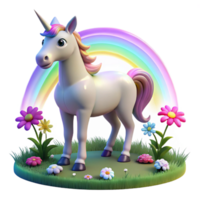 serene classic A benevolent unicorn, its horn glowing with a soft white light, grazing in a field of ethereal flowers, illuminated by rainbow-colored light, in a dreamlike art style high resolution png
