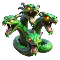 stunning modern A powerful hydra, its multiple heads hissing and snapping, its scales shimmering with venomous green, lit by flickering torchlight, in a dark fantasy art style exclusive png