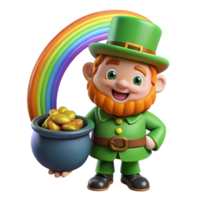elegant vintage A mischievous Irish leprechaun, guarding a pot of gold at the end of a rainbow, illuminated by the rainbow's light, in a cartoon style detailed png