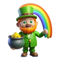 vibrant minimalist A mischievous Irish leprechaun, guarding a pot of gold at the end of a rainbow, illuminated by the rainbow's light, in a cartoon style original png