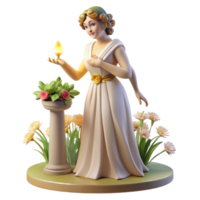 dramatic minimalist A benevolent Greek nymph, tending to a sacred grove, her dress adorned with flowers, illuminated by dappled sunlight, in a classical art style genuine png