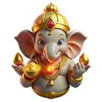 extraordinary rustic A powerful Hindu Ganesha, his elephant head adorned with jewels, holding a laddoo, illuminated by golden light, in a traditional Indian art style high resolution png