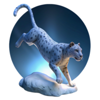 serene contemporary A majestic snow leopard leaping across a chasm, illuminated by a single spotlight in a chiaroscuro style 4K png