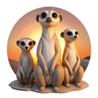beautiful artistic A family of meerkats standing alert in the desert, warm sunset lighting, National Geographic style detailed png