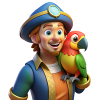wonderful rustic A colorful parrot perched on a pirate's shoulder, cartoon style, bright and cheerful high resolution png