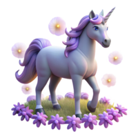 elegant modern A graceful unicorn with a silver horn and flowing mane, standing in a field of glowing flowers, lit by a soft, magical glow, in a dreamy, romantic style premium png