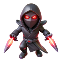 beautiful traditional A shadowy assassin with glowing red eyes, wielding twin daggers, illuminated by a single spotlight, in a dark, dramatic style detailed png