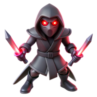 extraordinary vintage A shadowy assassin with glowing red eyes, wielding twin daggers, illuminated by a single spotlight, in a dark, dramatic style 4K png