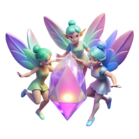 wonderful abstract A group of playful pixies with shimmering wings, dancing around a glowing crystal, illuminated by colorful, magical lights, in a whimsical, cartoonish style genuine png