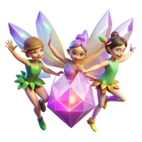 magnificent minimalist A group of playful pixies with shimmering wings, dancing around a glowing crystal, illuminated by colorful, magical lights, in a whimsical, cartoonish style premium png
