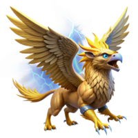 serene traditional A majestic griffin with golden feathers and piercing blue eyes, soaring through a storm-filled sky, illuminated by dramatic lightning strikes, in a dynamic, realistic style 4K png