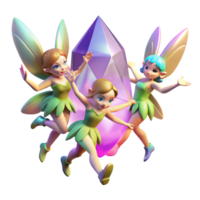 serene vintage A group of playful pixies with shimmering wings, dancing around a glowing crystal, illuminated by colorful, magical lights, in a whimsical, cartoonish style high quality png