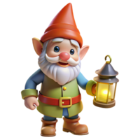 vibrant contemporary A playful gnome with a pointed hat and bright clothing, holding a glowing lantern, illuminated by the warm light, in a charming, whimsical style high resolution png