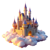 magnificent artistic A majestic castle floating in the clouds, illuminated by the soft glow of the setting sun, in a dreamy, surreal style exclusive png