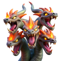beautiful artistic A fierce hydra with multiple heads, each breathing a different colored flame, illuminated by the combined flames, in a monstrous, epic style premium png
