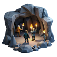 beautiful classic A group of adventurers exploring a dark, mysterious cave, illuminated by flickering torches, in a dramatic, cinematic style detailed png