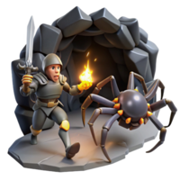 vibrant contemporary A fierce warrior battling a monstrous spider in a dark, cavernous lair, illuminated by the flickering light of torches, in a dynamic, action-packed style original png