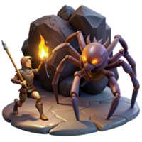 elegant rustic A fierce warrior battling a monstrous spider in a dark, cavernous lair, illuminated by the flickering light of torches, in a dynamic, action-packed style premium png