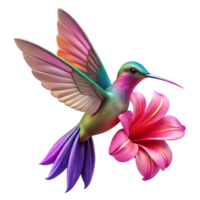 vibrant creative A hummingbird hovering near a vibrant fuchsia flower, iridescent feathers, motion blur, dynamic lighting high resolution png