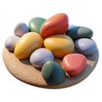 serene artistic A group of pebbles on a beach, smooth textures, various colors, close-up photography high quality png