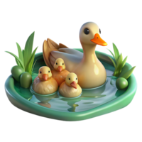 vibrant minimalist A family of ducks swimming in a pond, peaceful setting, soft lighting, impressionist painting style original png
