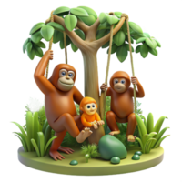 stunning creative A family of orangutans swinging through the trees, jungle setting, dynamic lighting, photography style authentic png